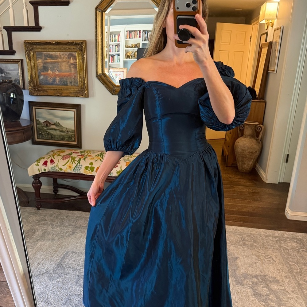 Vintage Jessica Mcluntock style Teal Off-Shoulder Dress with bow - Picture 2 of 11